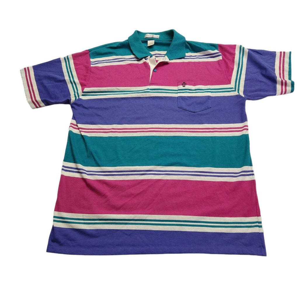 Vintage Penguin Club Purple Teal Stripe Polo Mens Sz Xl